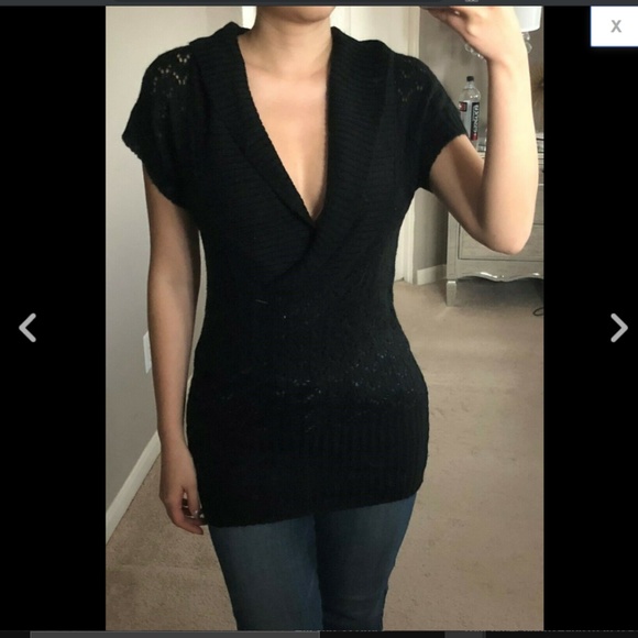 V-Neck Pointelle Wrap Shawl Collar Sweater Tunic - Picture 5 of 5